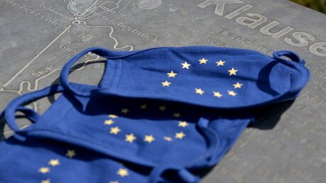 Mund- und Nasenschutzmasken mit dem Symbol der EU / © Harald Tittel (dpa)