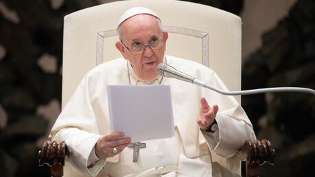 Papst Franziskus bei der Generalaudienz im August 2021 / © Vatican Media/Romano Siciliani (KNA)