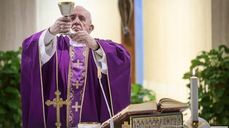 Papst Franziskus feiert den Gottesdienst ohne Gäste in der Kapelle Santa Marta im Vatikan / © Vatican Media (KNA)