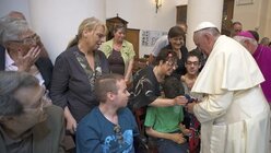 Papst Franziskus begrüßt behinderte Menschen 2014 (KNA)