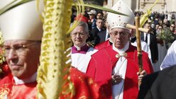 "Papst Franziskus feiert den Gottesdienst am Palmsonntag auf dem Petersplatz am 20. März 2016 in Rom. Bild: Ankunft des Papstes auf dem Platz." (KNA)