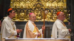Kardinal Rainer Maria Woelki (l.) und Kardinal Reinhard Marx (r.) bei der Amtseinführung von Helmut Dieser (m.) als Bischof von Aachen am 12. November 2016 im Aachener Dom. (KNA)