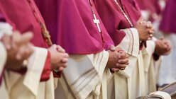 Bischöfe mit gefalteten Händen und Brustkreuz / © Julia Steinbrecht (KNA)