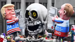 Ein politischer Mottowagen mit den Figuren von Donald Trump (l) und Wladimir Putin in Düsseldorf / © Ina Fassbender (dpa)