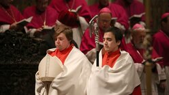 Messdiener halten den Bischofsstab und die Mitra von Kardinal Marx / © Berg (dpa)