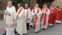 Geistliche aus dem gesamten Stadtdekanat begleiten die drei Reliquienschreine. / &copy; Tomasetti (DR)