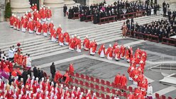 Blick von oben auf Kardinäle, am 5. Januar 2023, während der Trauermesse für den verstorbenen, emeritierten Papst Benedikt XVI. auf dem Petersplatz im Vatikan / © Paul Haring/CNS photo (KNA)