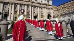 Prälaten nehmen im Rahmen der Palmsonntagsmesse auf dem Petersplatz im Vatikan an einer Prozession teil / © Gregorio Borgia/AP (dpa)