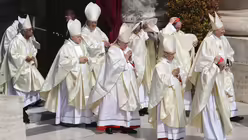 Kardinäle bereiten sich darauf vor, ihre Plätze während der Eröffnungsmesse des Pontifikats von Papst Leo XIV. auf dem Petersplatz im Vatikan einzunehmen / © Jacquelyn Martin/Pool AP/AP (dpa)