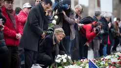 Schweigeminute f&uuml;r die Opfer von Paris in Berlin: Gr&uuml;nen-Vorsitzende Cem &Ouml;zdemir und Simone Peter am Brandenburger Tor / &copy; Kay Nietfeld (dpa)
