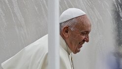 Papst Franziskus lächelt bei seiner Ankunft zur wöchentlichen Generalaudienz auf dem Petersplatz. / © Gregorio Borgia/AP (dpa)