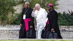Papst Franziskus (M) geht mit zwei Bischöfen am zweiten Tag des Gipfels zum Thema Missbrauch / © Giuseppe Lami (dpa)