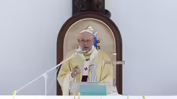 Papst Franziskus (M) zelebriert zum Abschluss des Internationalen Eucharistischen Kongresses eine Messe auf dem Heldenplatz vor tausenden Gl&auml;ubigen. / &copy; Laszlo Balogh/AP (dpa)