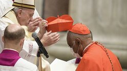 Papst Franziskus setzt Wilton Daniel Gregory, Erzbischof von Washington, das Birett auf beim Konsistorium / © Vatican Media/Romano Siciliani (KNA)