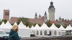 Propsteikirche (l.) und Neues Rathaus bilden die Katholikentagskulisse / © Sebastian Willnow (dpa)