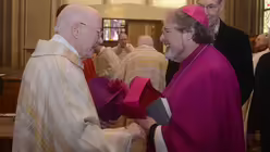 Weihbischof Rolf Steinhäuser gratuliert Ehrendomherr Schnell zu seinem großen Fest / © Beatrice Tomasetti (DR)